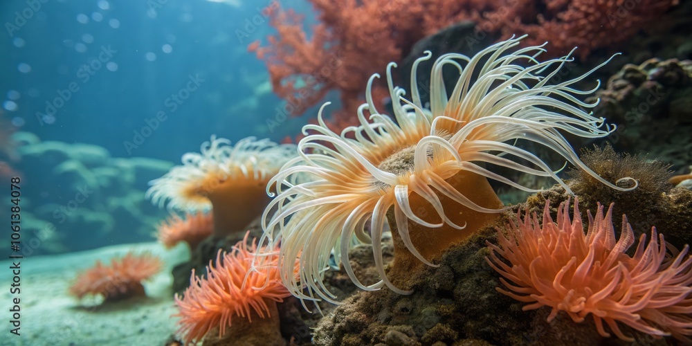 Obraz premium Delicate Tendrils of Scyllaea Sea Slugs Intertwined with Vibrant Underwater Flora in Ocean Habitat
