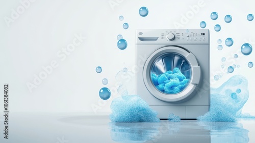 Interior with washing machine and soap bubbles,Vector realistic automatic washing machine with a front loading with blue soup bubbles,Realistic vector illustration,Home appliance concept.