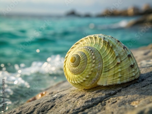 Delicate yellowish-green macroseptum shell glistens with intricate ridges and natural beauty