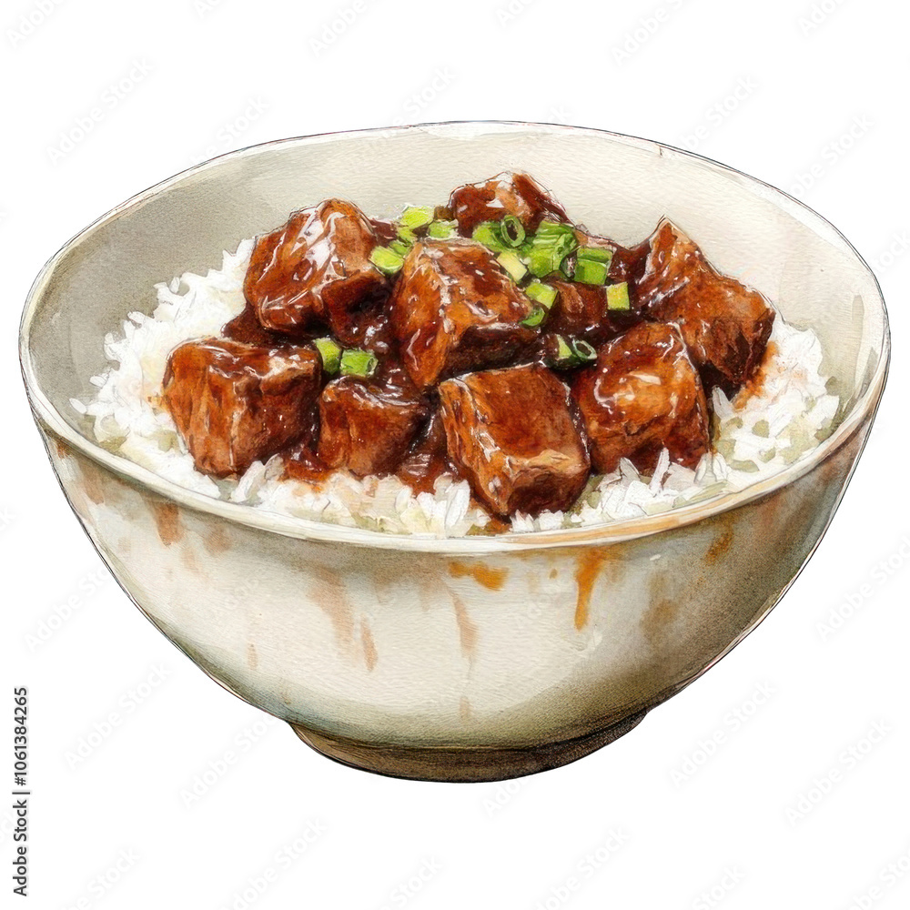Collection of PNG. Watercolor painting of A Bowl of White Rice Topped with a Brown Sauce and Chunks of Meat, isolated on a transparency background. Collection of PNG. Watercolor painting of A Bowl of White Rice Topped with a Brown Sauce and Chunks of Meat, isolated on a transparency background.