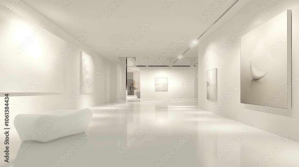 Minimalist Art Gallery Exhibition with White Walls and Hanging Artwork Minimalist Art Gallery Exhibition with White Walls and Hanging Artwork