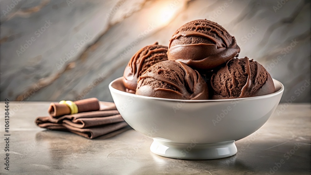 A bowl of rich, decadent chocolate ice cream, smooth and creamy, with a hint of chocolate sauce, waiting to be enjoyed on a warm summer day.