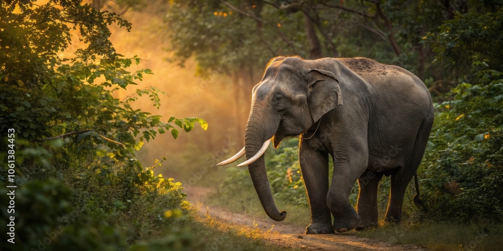 Fototapeta premium Golden Sunset Light Illuminates a Majestic Indian Elephant in a Tranquil Natural Setting