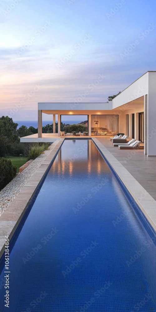 Fototapeta premium Modern villa with infinity pool at sunset overlooking scenic landscape