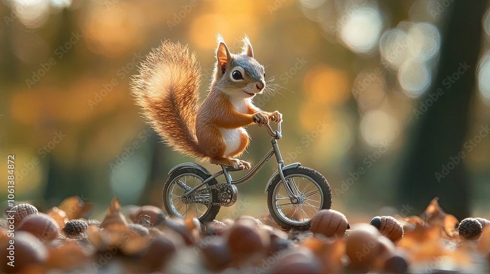 A Red Squirrel Riding a Bicycle on a Bed of Autumn Leaves A Red Squirrel Riding a Bicycle on a Bed of Autumn Leaves