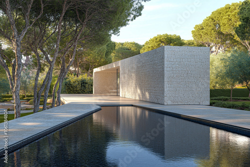 Modern minimalist house beside a tranquil pool in a lush green landscape during daylight