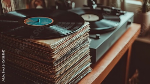 A Stack of Vinyl Records Resting on a Turntable