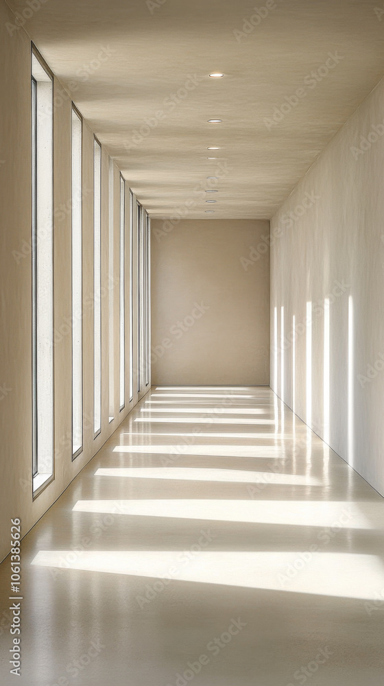 Fototapeta premium A serene hallway with natural light streaming through tall windows in a minimalist interior