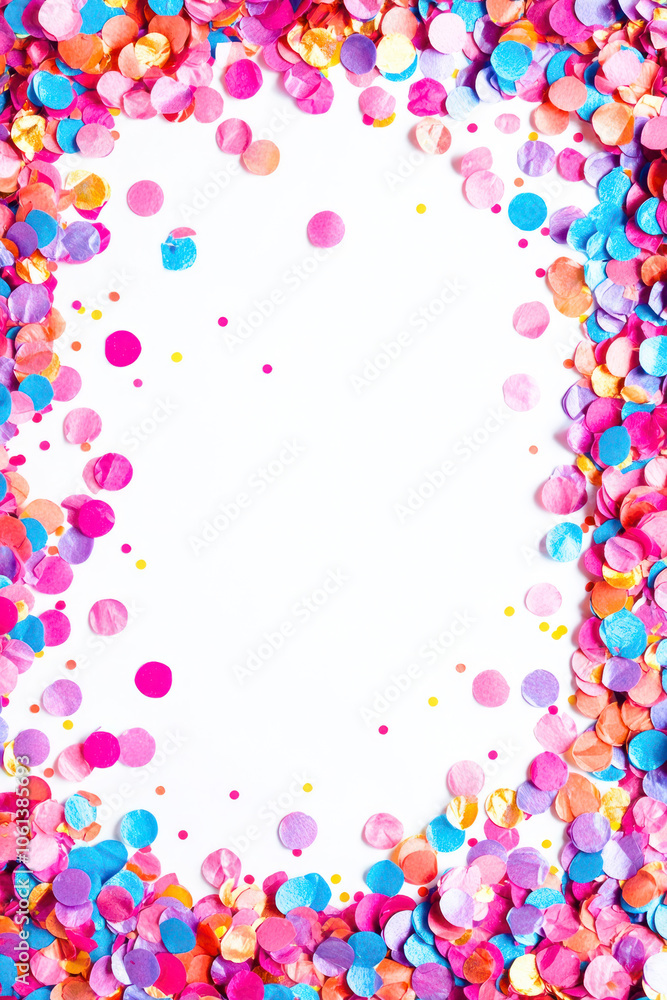 Vertical Rectangular frame made of colored confetti. White background. Festive confetti. Vertical Rectangular frame made of colored confetti. White background. Festive confetti.