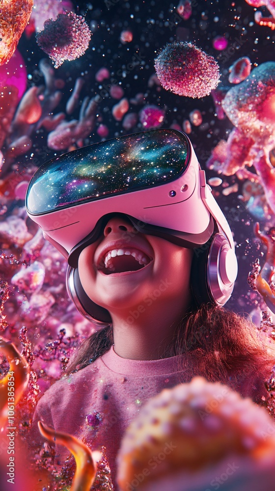 A child wearing a virtual reality headset, surrounded by a colorful, abstract world. The child is smiling and laughing, fully immersed in the experience. 