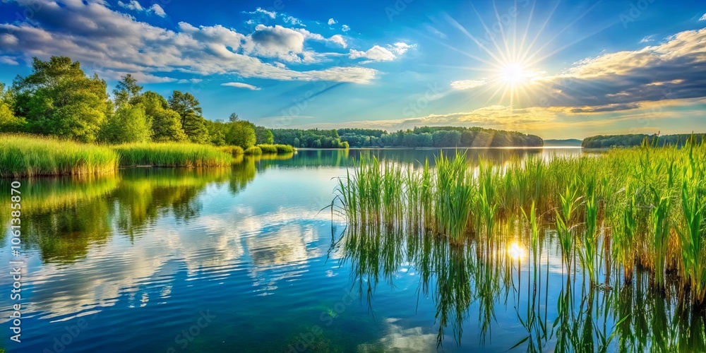 Obraz premium Sunlight Glints Off Tranquil Water, Illuminating Lush Green Reeds And Reflecting Clouds In A Serene Landscape