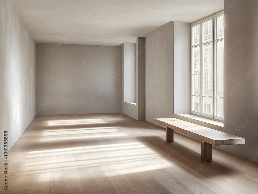 Obraz premium Minimalist interior design featuring a wooden bench and natural light in a spacious room