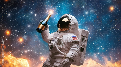 A festive stock photo capturing a cosmonaut in space suit popping a champagne bottle, surrounded by twinkling stars and colorful nebula clouds