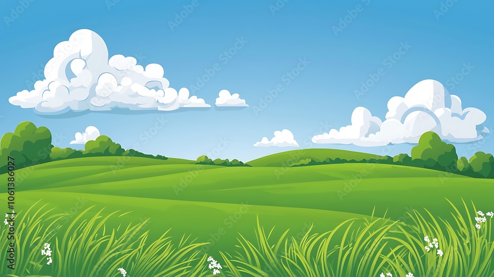 Obraz premium An AI generated illustration of a lush green field under a clear blue sky, with fluffy white clouds and a backdrop of rolling hills in the distance.