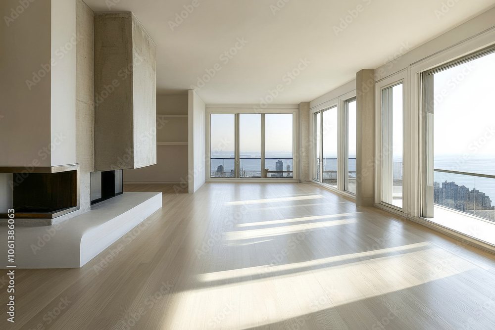 Modern empty living room with large windows overlooking the city skyline during daylight Modern empty living room with large windows overlooking the city skyline during daylight