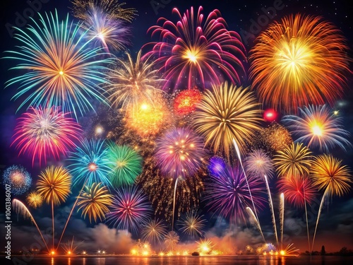 Vibrant Blooming Fireworks Illuminating Night Sky with Colorful Explosions, Captivating Display of Celebration and Joyful Atmosphere for Events and Festivities