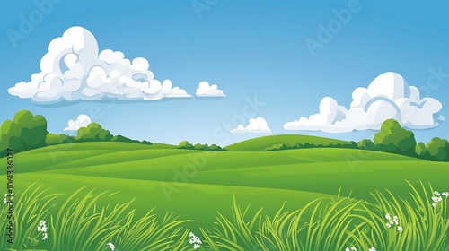 Wallpaper Mural An AI generated illustration of a lush green field under a clear blue sky, with fluffy white clouds and a backdrop of rolling hills in the distance. Torontodigital.ca