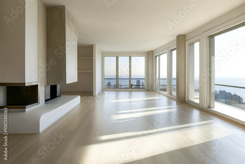 Modern empty living room with large windows overlooking the city skyline during daylight