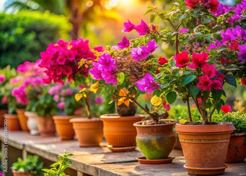 Vibrant Bougainvillea Plants in Mini Pots - Candid Photography of Colorful Container Gardens for Home Decor and Outdoor Spaces