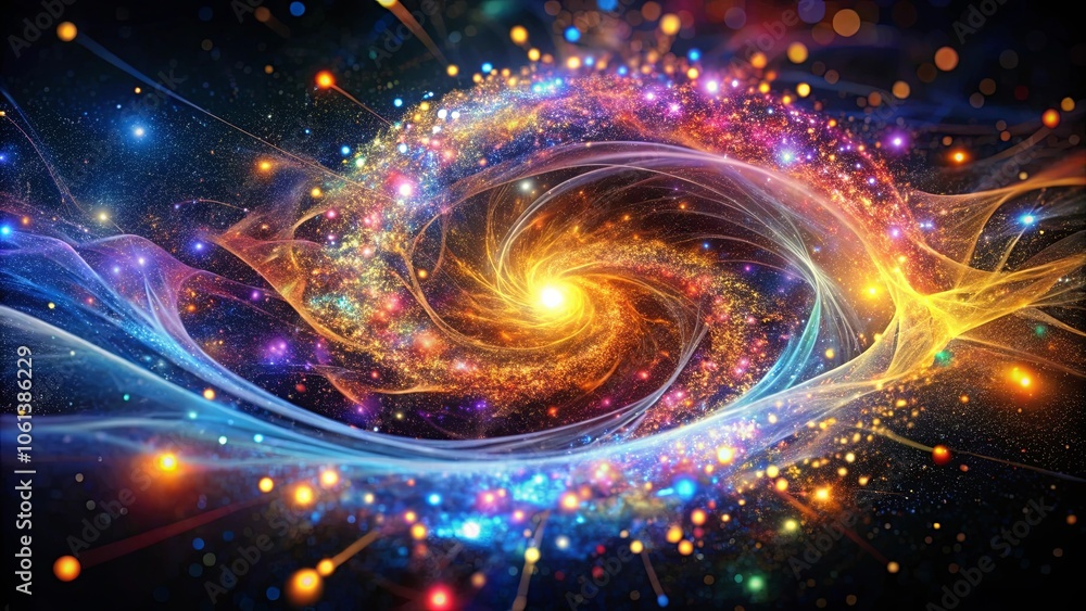 A Cosmic Dance of Light, Color, and Stardust, Intertwining with Serene Grace and Ethereal Beauty