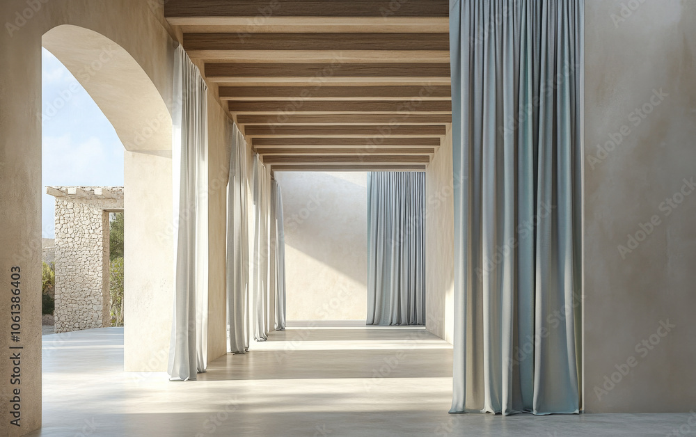 Fototapeta premium Minimalist interior with flowing curtains in a serene architectural space during daylight