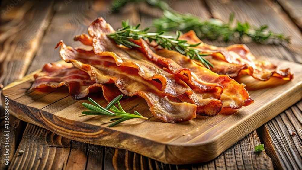 Crispy Bacon Strips on Wooden Cutting Board with Fresh Herbs Crispy Bacon Strips on Wooden Cutting Board with Fresh Herbs