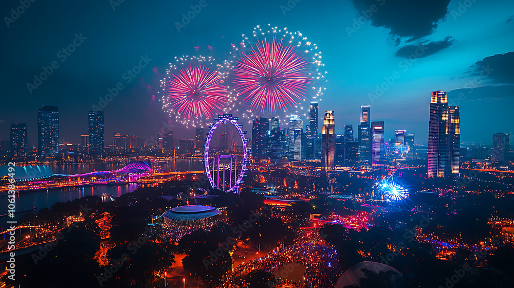 Obraz premium A city with a large Ferris wheel and fireworks lighting up the sky