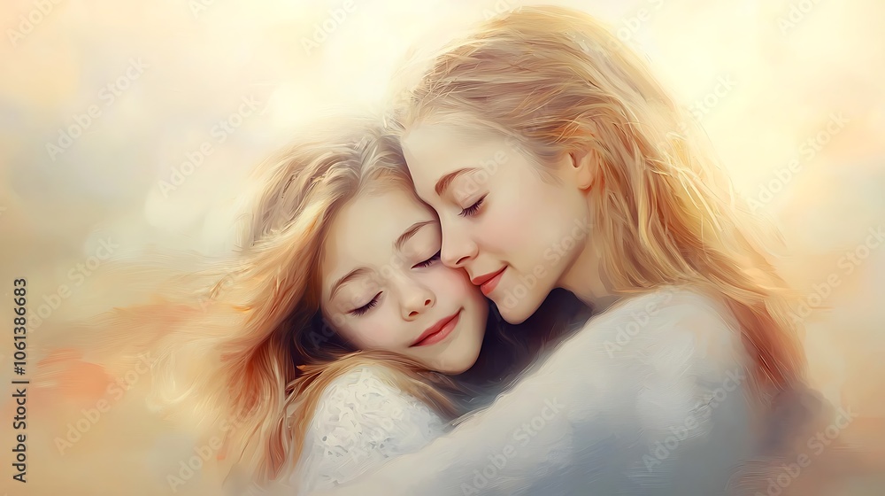 A touching representation of family unity and love expression, as a mother holds her daughter close in a tender embrace, surrounded by soft colors that evoke a sense of serenity. A touching representation of family unity and love expression, as a mother holds her daughter close in a tender embrace, surrounded by soft colors that evoke a sense of serenity.