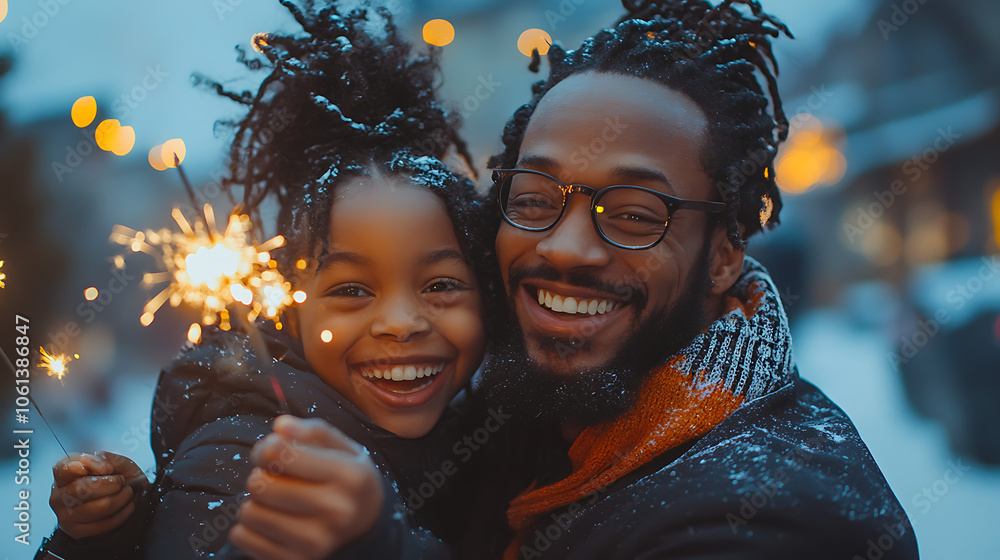 A man and a little girl are smiling and holding sparklers A man and a little girl are smiling and holding sparklers