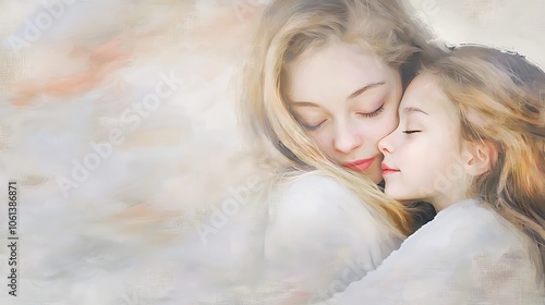 The soft colors and gentle embrace in this abstract portrait capture the essence of familial connection and emotional intimacy