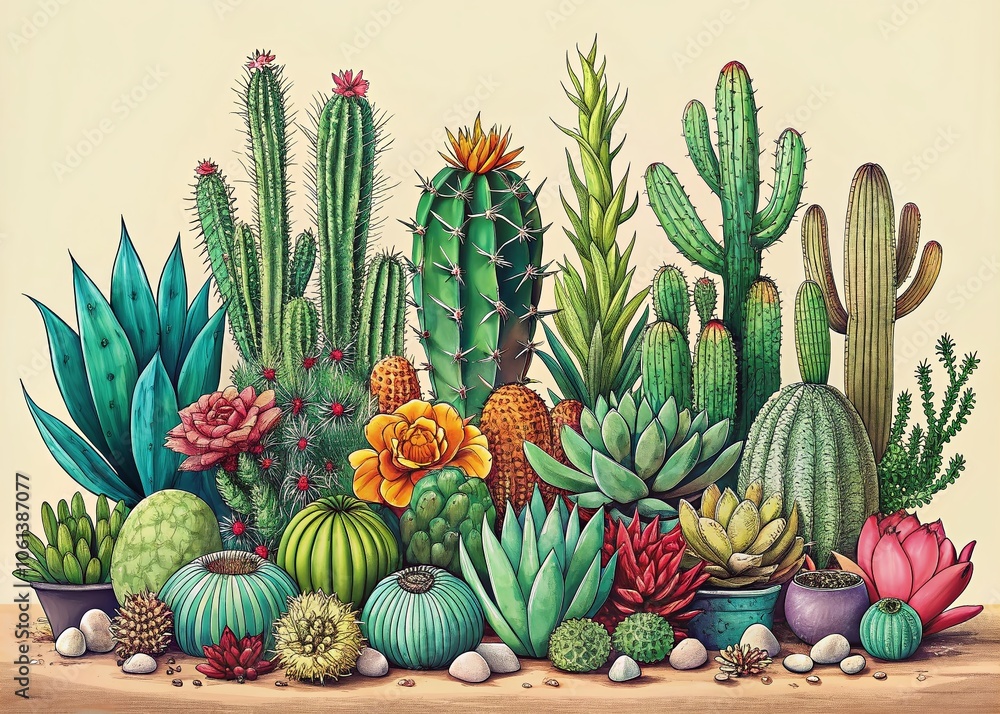 Obraz premium Editable Vector Illustration Poster Featuring Cactus and Succulent in Sketch Style for Botanical Art Lovers and Home Decor Enthusiasts