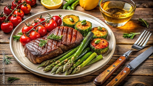 A perfectly cooked steak with grilled asparagus and squash, served on a rustic wooden table with a side of oil for drizzling.