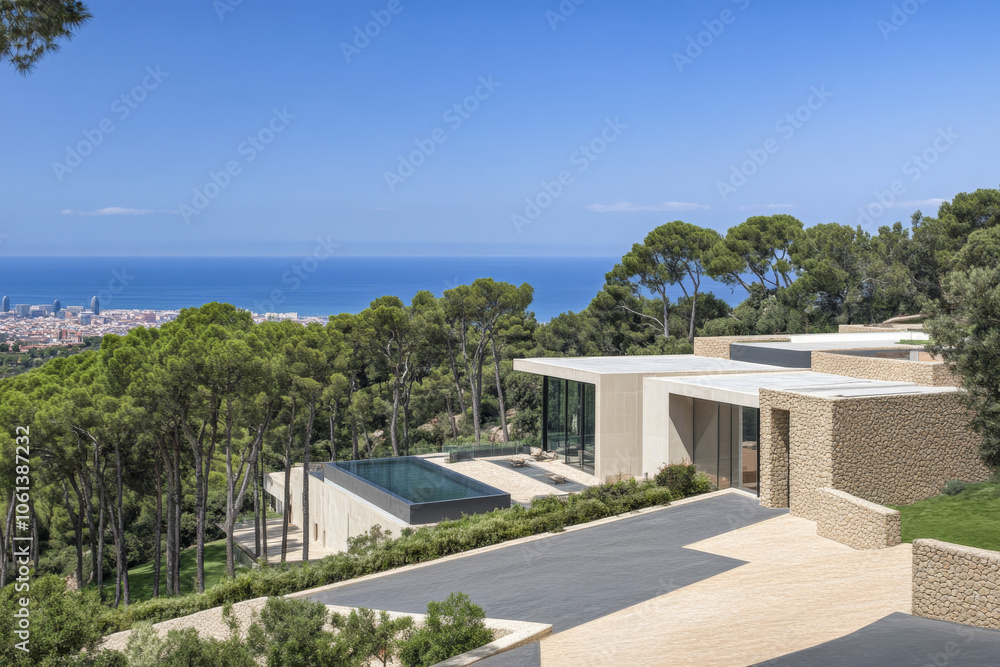 Fototapeta premium Modern hillside villa with panoramic views overlooking the city and ocean under clear skies