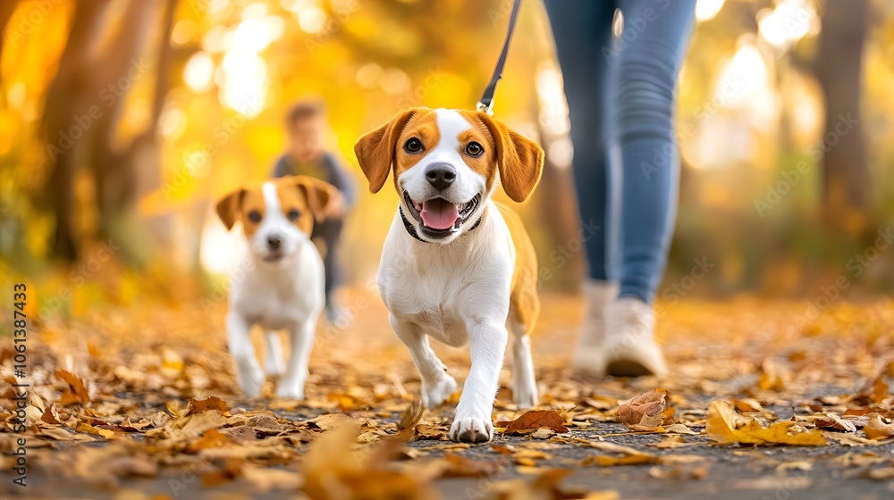 Enjoying autumn walks with happy dogs Enjoying autumn walks with happy dogs