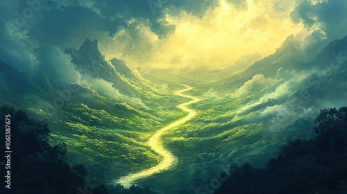 A Serpentine Path Through Misty Mountains with a Glowing Sky photo