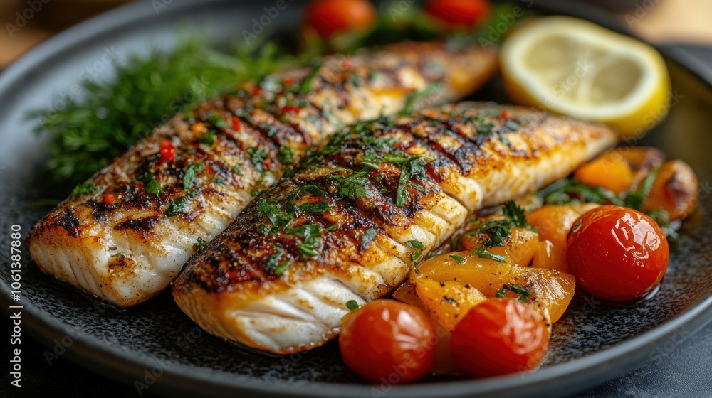 Grilled fish with lemon and cherry tomatoes on a black plate. Grilled fish with lemon and cherry tomatoes on a black plate.