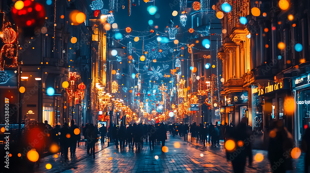 A busy city street at night with people walking and lights in the background A busy city street at night with people walking and lights in the background