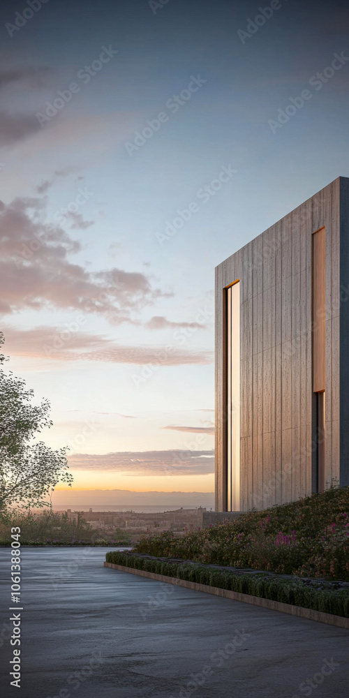 Obraz premium Modern architecture contrasts with a tranquil sunset, highlighting clean lines and natural beauty
