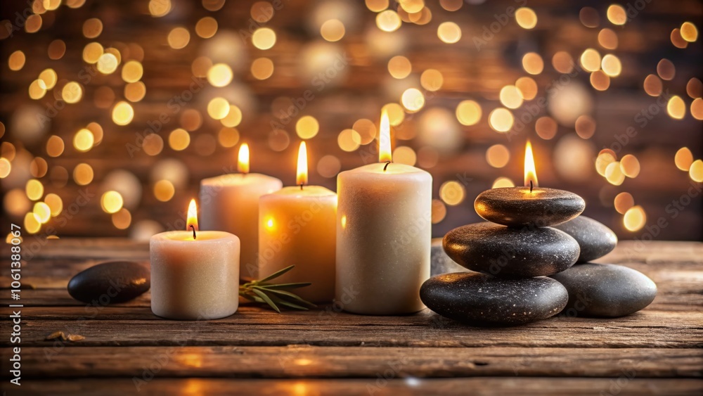 Elegant Candles on Black Hot Stone with Bokeh Effect on Wooden Background for Relaxation and Spa Ambiance