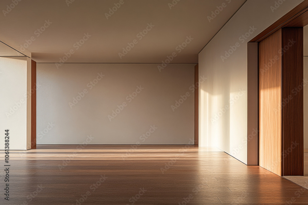 Fototapeta premium Bright minimalistic interior of a modern room with wooden floors and natural light in the evening