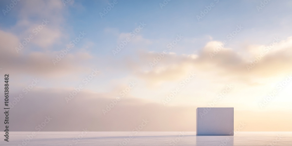Fototapeta premium Minimalist cube against a serene sky with soft clouds at sunrise in a tranquil landscape