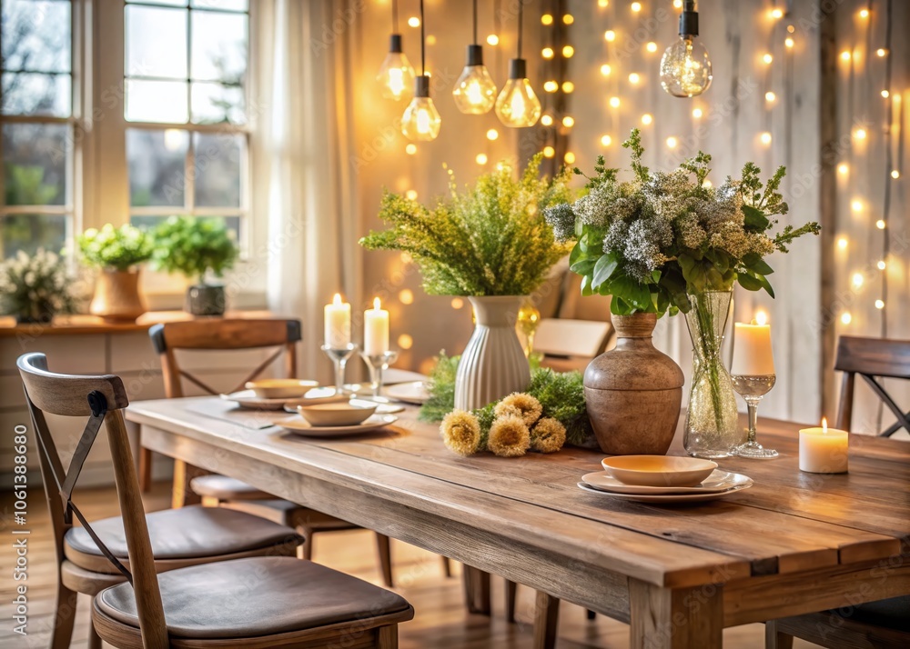Elegant Dining Room with Rustic Farmhouse Table in Bokeh Effect – Cozy Interior Design, Warm Lighting, Vintage Style, and Charming Decor Elegant Dining Room with Rustic Farmhouse Table in Bokeh Effect – Cozy Interior Design, Warm Lighting, Vintage Style, and Charming Decor