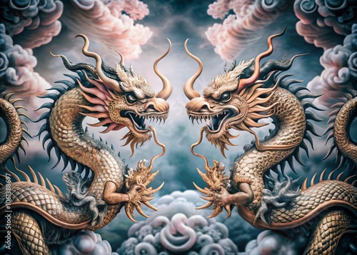 Wallpaper Mural Elegant Double Exposure Golden Dragons in Chinese and Japanese Styles for Festivals and New Year Celebrations on Pastel Gold Background Torontodigital.ca