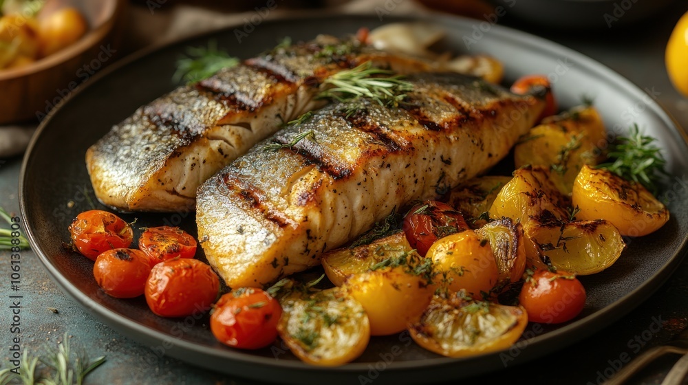 Grilled fish fillets with roasted tomatoes and lemon wedges on a black plate. Grilled fish fillets with roasted tomatoes and lemon wedges on a black plate.