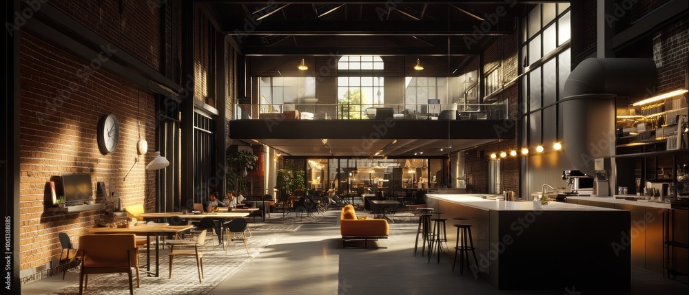 A spacious, modern caf? with industrial design and cozy seating areas. A spacious, modern caf? with industrial design and cozy seating areas.