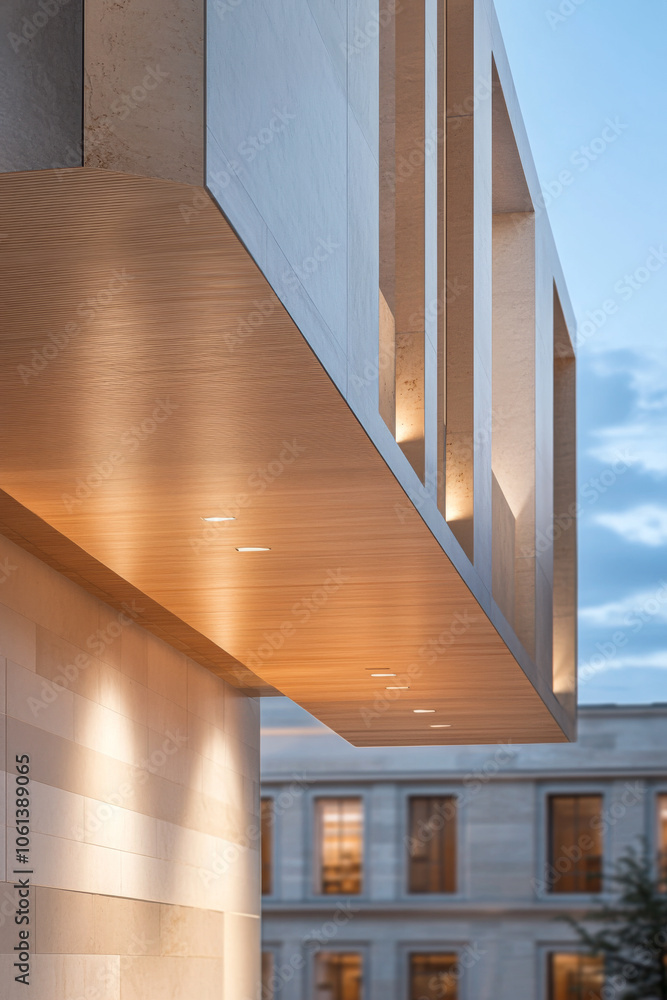Obraz premium Modern architectural design showcasing cantilevered structure in urban setting at dusk
