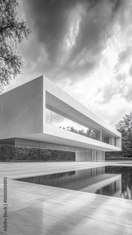 Obraz premium Minimalist building by a reflective pool, set in serene natural surroundings