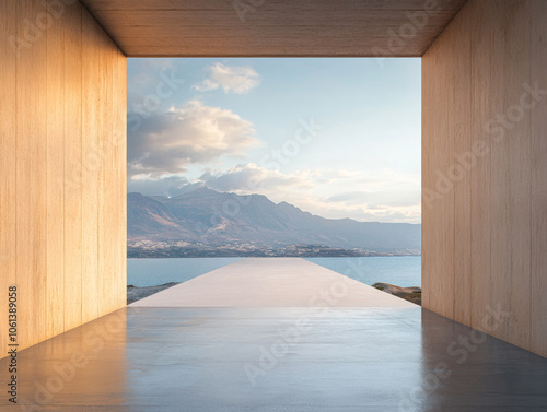 A serene view of mountains and water from an architecturally designed open space at sunset photo