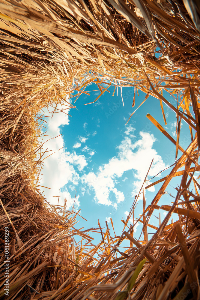 Fototapeta premium Vertical View from below dry rice straw after harvesting process and beautiful blue sky background.