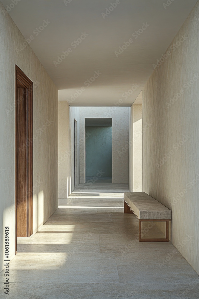 Modern interior hallway with natural light and minimalist design elements in a spacious setting Modern interior hallway with natural light and minimalist design elements in a spacious setting